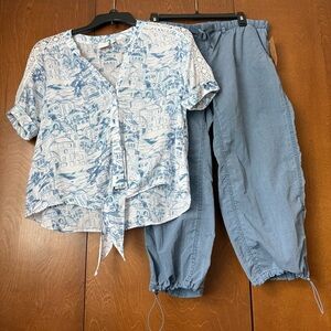 Zac & Rachael PL Tie Front, Lace Inset Shoulders Blue & White Women's Top EUC